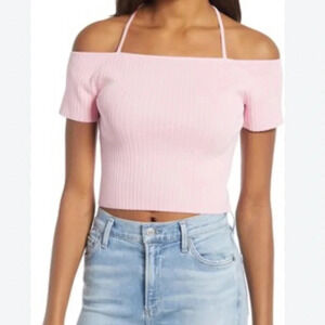 Barbie pink off the shoulder crop top, size medium